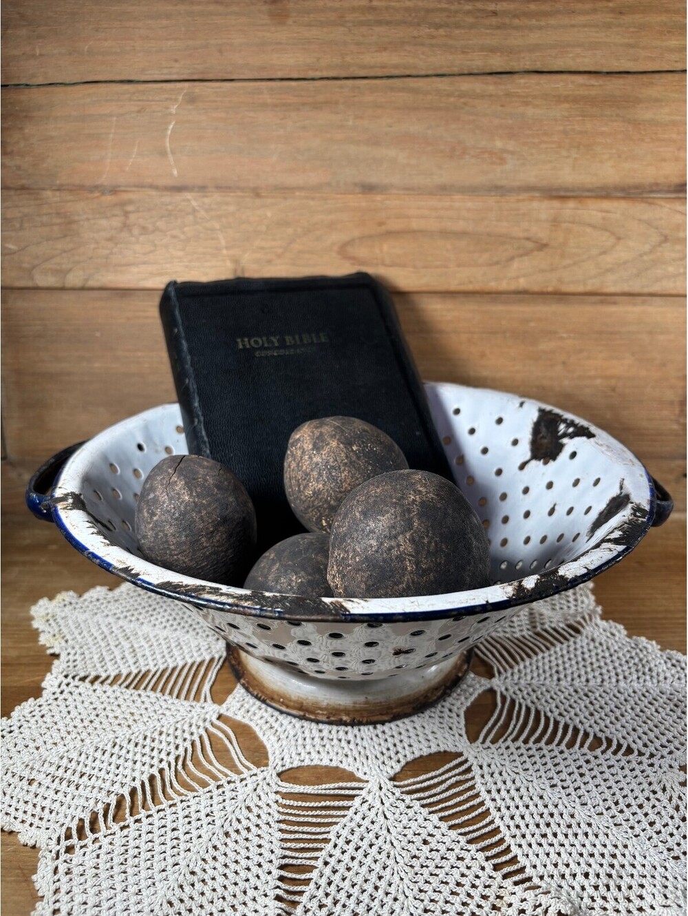 Vintage Enamelware Colander Strainer Graniteware Rustic Farmhouse Cottagecore